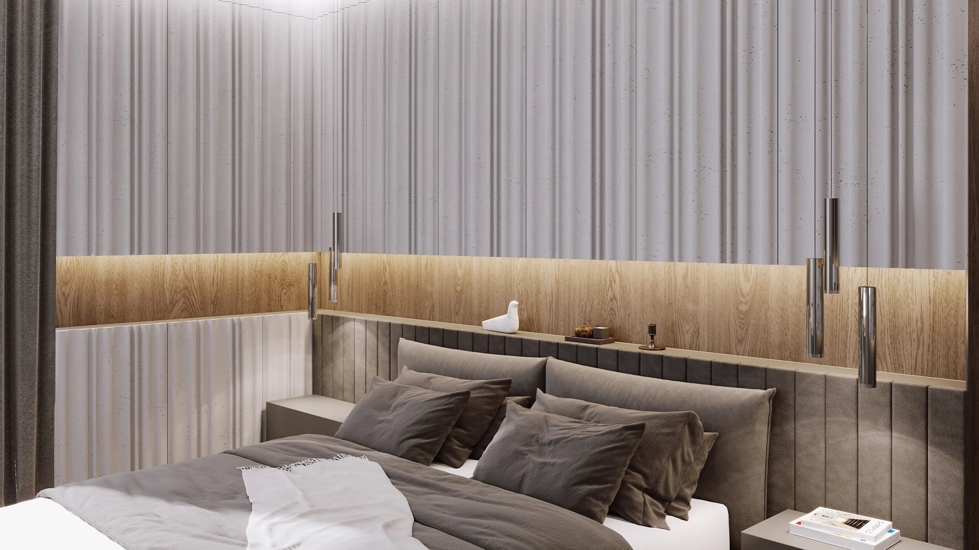 3D Concrete Wall Panel CURTAINS in bedroom interior DecorMania.eu